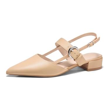 Imagem de Coutgo Sapato feminino Mary Jane de salto baixo grosso, bico fino, fechado, bico fino, fivela no tornozelo, Pu cáqui, 40