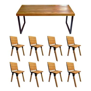 Imagem de Conjunto Mesa Industrial Bernardo Madeira Maciça 2,20mx90cm C- Ferragem Preta E 8 Cadeiras Detroit Marrom