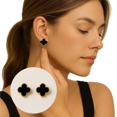 Imagem de Brinco Trevo Preto com Detalhe Dourado em Aço Inoxidável - Lys Lazuli