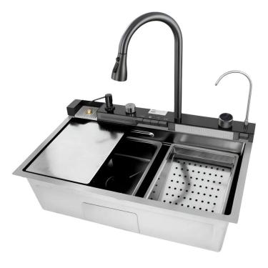 Imagem de Kit Cuba Inteligente com Cesto Torneira Filtro Dispenser de Sabão Lavador de Copos e Tábua Prata