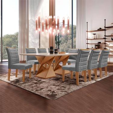 Imagem de Conjunto Sala de Jantar Tampo 200x90cm Vidro/mdf Genova com 8 Cadeiras Smart Plus Cinza/Cinamomo/Off White