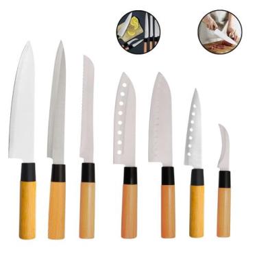 Imagem de Jogo 7 Facas Japan Cozinha Gourmet Aço Inox Cabo Amadeirado - Losan