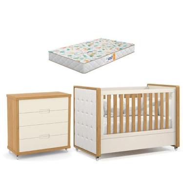Imagem de Berço Americano com Capitonê New Boucle e Cômoda Gaveteiro Infantil Tu