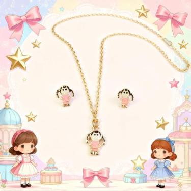 Imagem de Conjunto Infantil Colar e Brincos Bonequinha Cores Vivas Caixa - LA SH