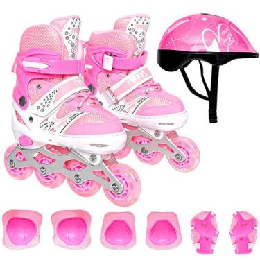 Imagem de Patins Infantil Ajustável Rosa 30-37 Com Freio Traseiro Roller Com Kit