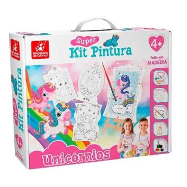 Imagem de Kit Pintura Infantil Unicórnio Cavalete Madeira Guache - Brincadeira D