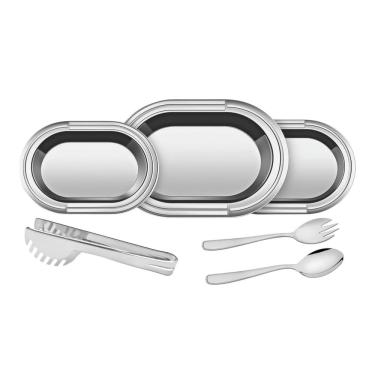 Imagem de Conjunto para Servir Ciclo 6 Peças Aço Inox Travessas Talheres Salada Pegador Massas Tramontina