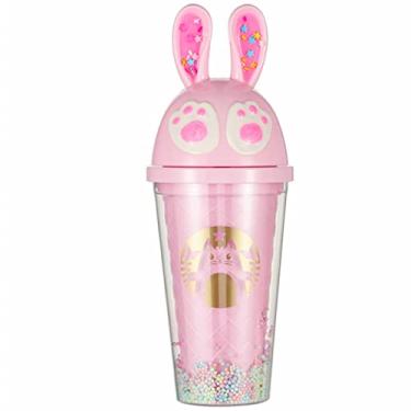 Imagem de seelucky Copo de viagem de sorvete com canudo para festa de menina copo de bebida copo de chá boba bolha presente de aniversário (rosa coelho, 450 ml)