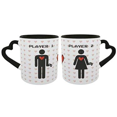 Imagem de Caneca Coração Casal Player 1 e 2 HxM Presente Namorados cor:Preto