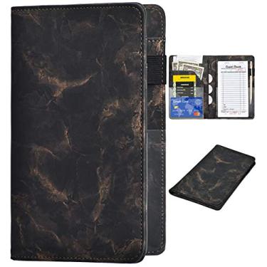 Imagem de Livros para servidor de garcom - Carteira de couro com textura de marmore para garcom com bolso com ziper, lindo organizador de garconete e garcom com bolso para dinheiro e avental para servir, preto e dourado
