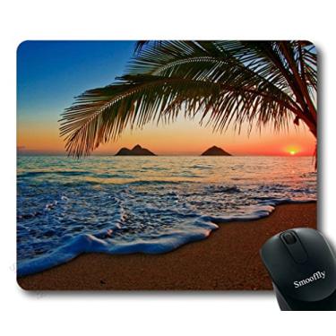 Imagem de Smooffly Tapete de mouse havaiano, nascer do sol do Pacífico na praia de Lanikai, cena de superfície do oceano ondulado do céu colorido do Havaí, tapete de mouse de borracha antiderrapante retangular