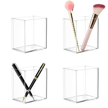Imagem de Dingelex Pacote com 4 porta-lápis de acrílico transparente, porta-pincéis de maquiagem, acessórios de mesa de acrílico, organizador quadrado para escritório, escola, casa