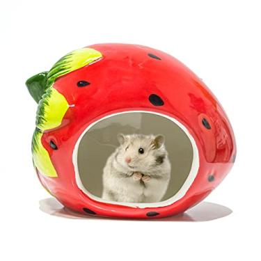 Imagem de Besimple Esconderijo de hamster, esconderijo de animais pequenos, casa de animal de estimação, forma adorável, casa de hamster, caverna, mini gaiola de cabana, casa de banho para chinchila (morango)