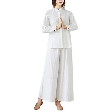 Imagem de Yajun Tradicional Chinês Tang Terno Camisa de Linho Feminino Kung Fu Uniforme Respirável Confortável 2 Pçs Top Calça de Yoga Roupas Tai Chi, Branco, M (Busto: 98cm)
