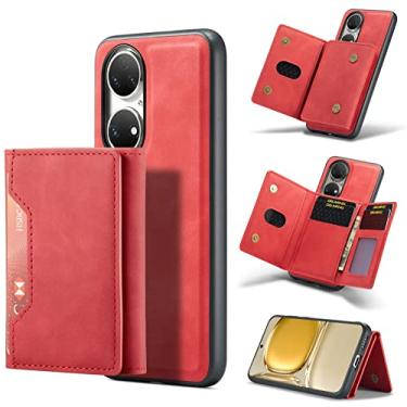 Imagem de LVCRFT Capa para Huawei P50/P50 Pro, capa carteira de couro PU premium com suporte magnético removível de três dobras para cartão capa de telefone, vermelha, P50
