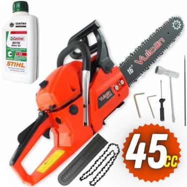 Imagem de Motosserra á Gasolina Vulcan Trent VSL450 2T 45cc 2,30hp Com Ponta Rolante de 16`` Corrente de 28 Dentes e Mola Retrátil + Óleo 2T Castrol Stihl