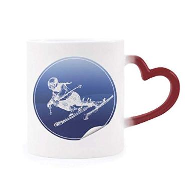 Imagem de Caneca esportiva de inverno para esqui, estampa retrô com ilustração sensível ao calor, copo de grés que muda de cor vermelha