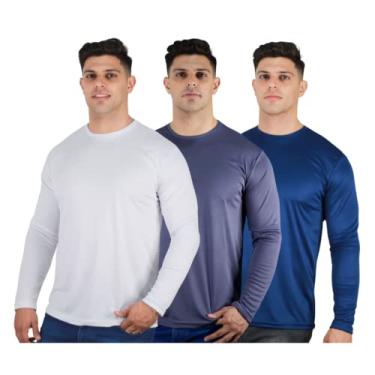Imagem de Kit 3 Camisetas Masculinas Segunda Pele Térmica 50 UV Dry Cor:1 Marinho, 1 Cinza, 1 Branca;Tamanho:G