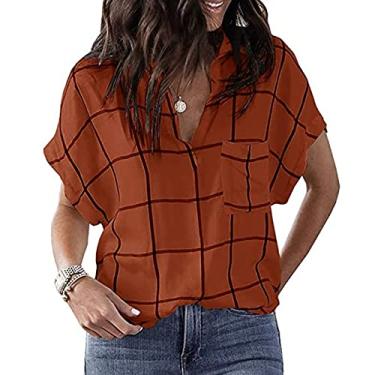 Imagem de Camisetas casuais femininas, camisas com estampa xadrez tops gola V manga curta ajuste solto pulôver blusas blusas, laranja, M (busto: 105 cm)