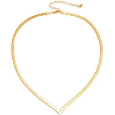 Imagem de Gargantilha de corrente de cobra plana de ouro 14K, colar de clavícula simples e minimalista em forma de V, joias femininas, colar de espinha de peixe para mulheres e meninas