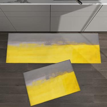 Imagem de Conjunto de 2 tapetes de cozinha abstrato amarelo cinza pintura a óleo para tapetes acolchoados e tapetes antiderrapante absorvente corredor confortável tapete de pé