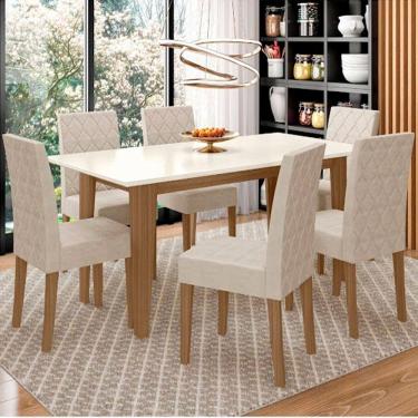 Conjunto de Mesa de Jantar com 6 Cadeiras Estofadas Maia I Veludo Off White  e Creme