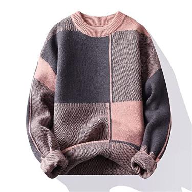 Imagem de Suéter pulôver masculino confortável gola redonda xadrez cor bloco patchwork manga comprida outono inverno (Color : Pink, Size : XXL)