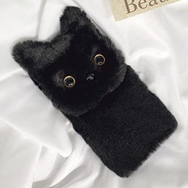 Imagem de HFICY Capa de telefone feminina compatível com capa Honor com 2 peças de protetor de tela de vidro temperado, capa peluda fofa de pele sintética (gato preto, para Honor 70 5G)