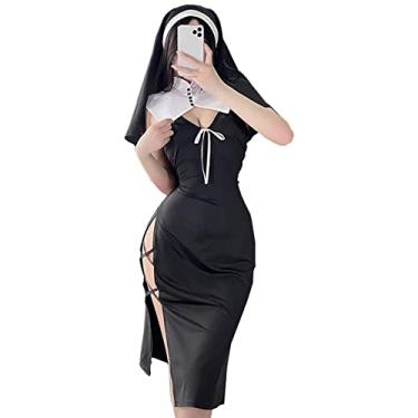Imagem de SNOMYRS Fantasia de freira sexy para mulheres, lingerie kawaii japonesa, body de Halloween, vestido de freira, uniforme de freira, fantasia cosplay com acessório para a cabeça, Preto, Tamanho Único