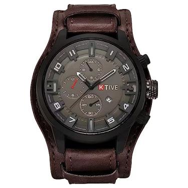 Imagem de MINILUJIA Relógio masculino com mostrador redondo, mostrador redondo, vintage, retrô, steampunk, com pulseira de couro larga, relógio esportivo, quartzo, calendário, relógio de pulso, Chocolate,