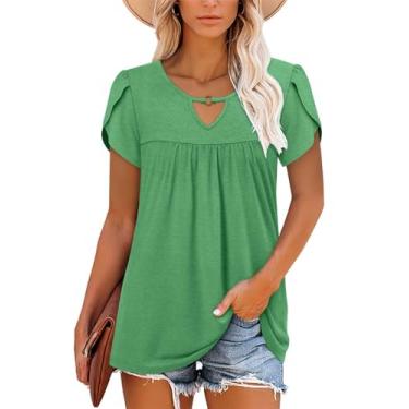 Imagem de onlypuff Camisas femininas de verão com gola V, manga curta, túnica casual, rodada, com babados, D - verde, P