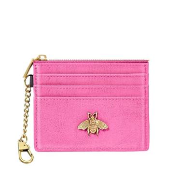 Imagem de SEAVILIA Porta-cartões carteira feminina com janela de identificação RFID porta-moedas, presentes de abelha, carteira pequena minimalista, Vermelho rosa, Minimalista