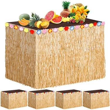 Imagem de ADXCO Pacote com 5 saias de mesa havaianas luau de 250 x 76 cm de hibisco tropical luau decorações de festa marrons havaianas saias de mesa para eventos temáticos da Moana, aniversário