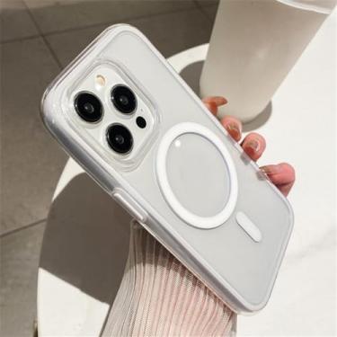 Imagem de Capa magnética de carregamento sem fio transparente luxuosa para iPhone 15 13 14 Pro Max Hybrid Color Bumper Clear Hard Case, Branco, para iPhone 15 Pro