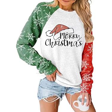 Imagem de Camisetas Merry Christmas com estampa xadrez buffalo, vermelho, manga comprida, Papai Noel, Estampa de neve verde e vermelha, G