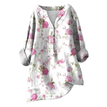 Imagem de Camiseta feminina de linho extragrande, estampa floral, blusa moderna, com botões, gola V, caimento solto, tops para sair, rosa, GG