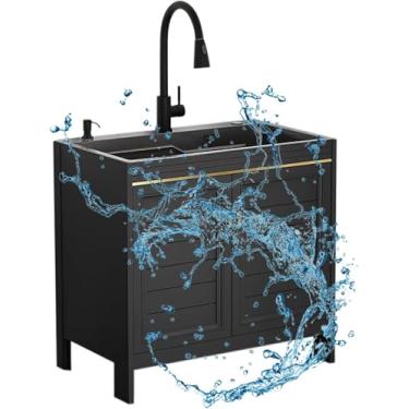 Imagem de Armário de cozinha com pia Pia comercial de catering independente com torneira extraível de aço inoxidável Lavatório único Pia de lavanderia com armário para restauração interna externa, 72x