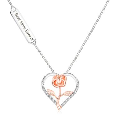 Imagem de Mayfaith Colar com pingente de coração de coração vazado moderno e popular com palavras de bênção gravadas em zircão, presente para mães, familiares e melhores amigas, Adjustable, Zircônia cúbica,