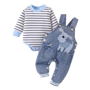 Imagem de CETEPY Roupas para bebês meninos outono inverno manga longa listrado macacão jeans bonito conjunto de calça jeans 0-18 meses, Azul, 3-6 Meses