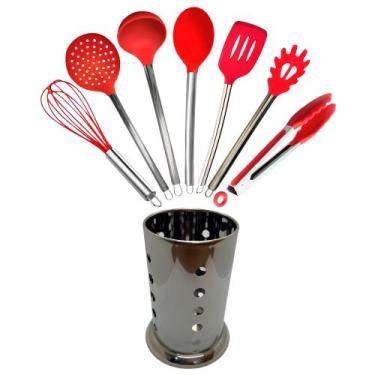 Imagem de Jogo de Utensílios em Silicone Vermelho com Suporte Inox 7 Peças Kit C