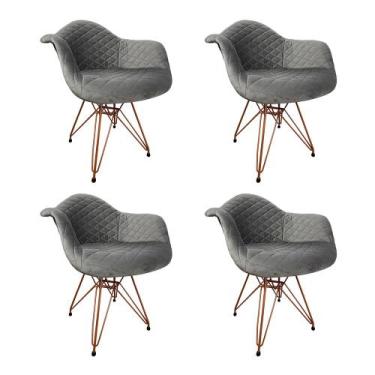 Imagem de Kit 4 Poltronas Jantar Eames Eiffel Estofadas Cinza Base Cobre - Up Ho