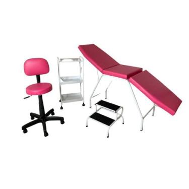 Imagem de Kit Estética Rosa Maca 3 posições, Mocho, Escada e Carrinho - Metallux