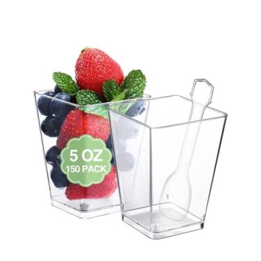 Imagem de SHOPDAY Copos de sobremesa de plástico de 150 gramas: pacote com 150 xícaras quadradas transparentes com colheres, cápsulas de aperitivo para aperitivos, copos pequenos de plástico, mini copos para