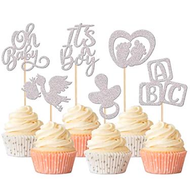 Imagem de Rsstarxi 24 Pack It's a Boy Cupcake Toppers Oh Baby Cupcake Toppers with Glitter Bird Pacifier Baby Feet Swan Light Cake Picks for Gender Reveal Baby Shower Boy Birthday Party Cake Decorations Silver