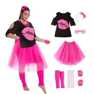 Imagem de Seawhisper Fantasias dos anos 80, camiseta, tutu para mulheres, meninas, estilo de roupa de Halloween, acessórios 12-30, Vermelho rosa, 28-30