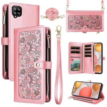 Imagem de Dswteny Capa carteira floral para Samsung Galaxy A42 5G com alça de pulso alça de ombro bolsa com zíper, flip de couro PU, suporte para cartão de crédito, capa para celular A 42 G5 42A S42 4G 2021