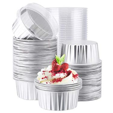 Imagem de 100 Ramekins Descartáveis, Eusoar 125 ml Canecas de Muffin Cupcake com tampas, Creme Brulee Ramekins, Caixas de Alumínio Forro de Bolo para Asse Suportes para Bake Sale Embalagem Caixas de Sobremesa Cases Caixas, 125ml Silver