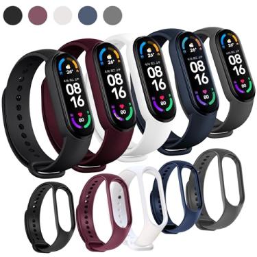 Imagem de Kit 5 Pulseiras Para Smartband MI Band 7 Cores Preta Azul Cinza Vinho Marsala e Branco com Pino Resistente Feita em Silicone