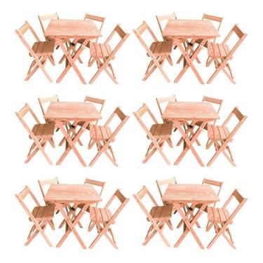Imagem de Kit 6 Conjuntos Mesa Dobrável 70x70cm Para Bar Com 4 Cadeiras Em Madeira Maciça - Cru - Bege