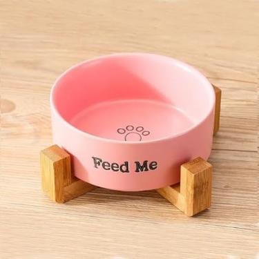 Imagem de Comedouro de cerâmica com suporte de madeira para cães e gatos, Modelo Feed Me (Rosa)